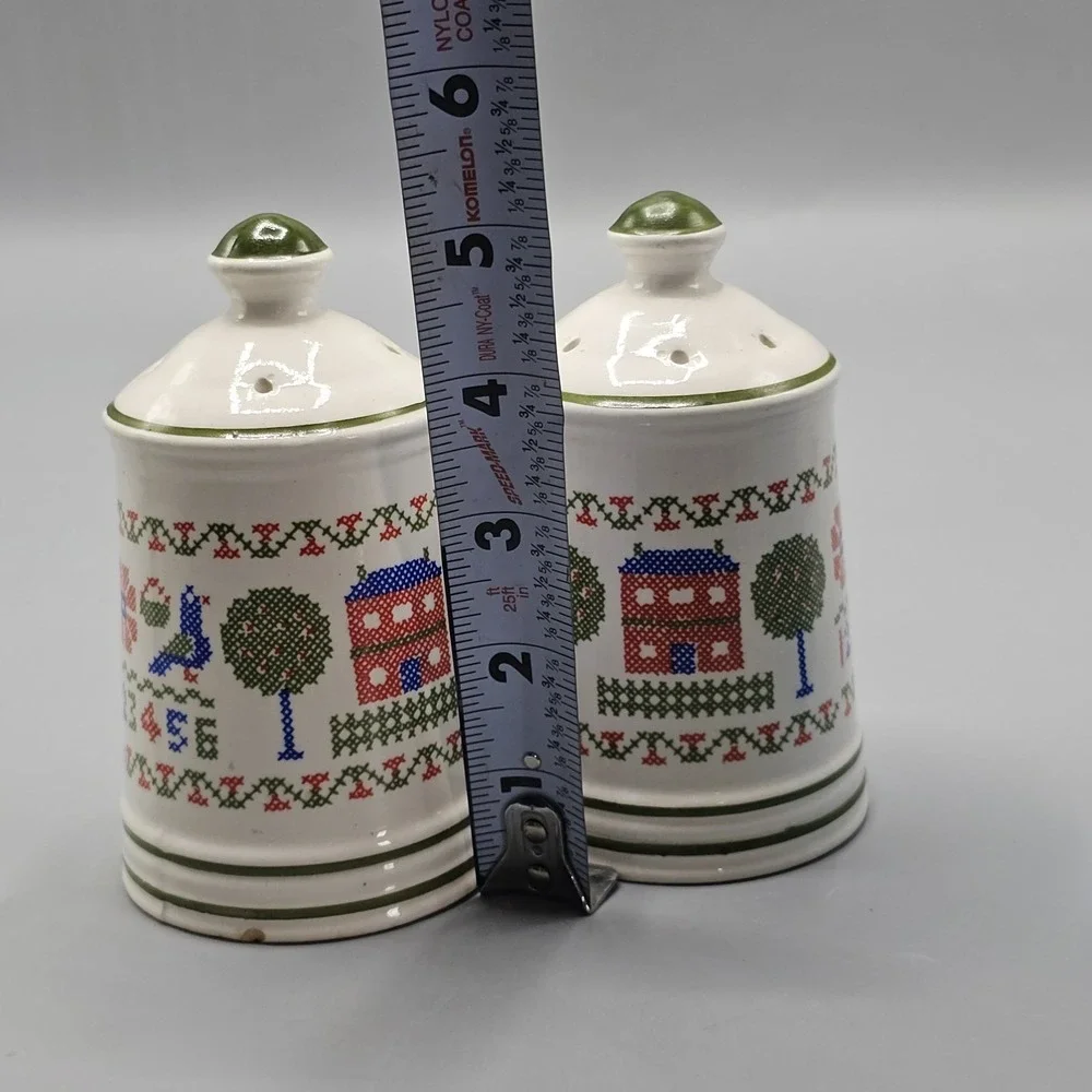 Vintage Ceramic Crosstitch Salt Pepper Shakers Grandmacore Cottage Country Japan